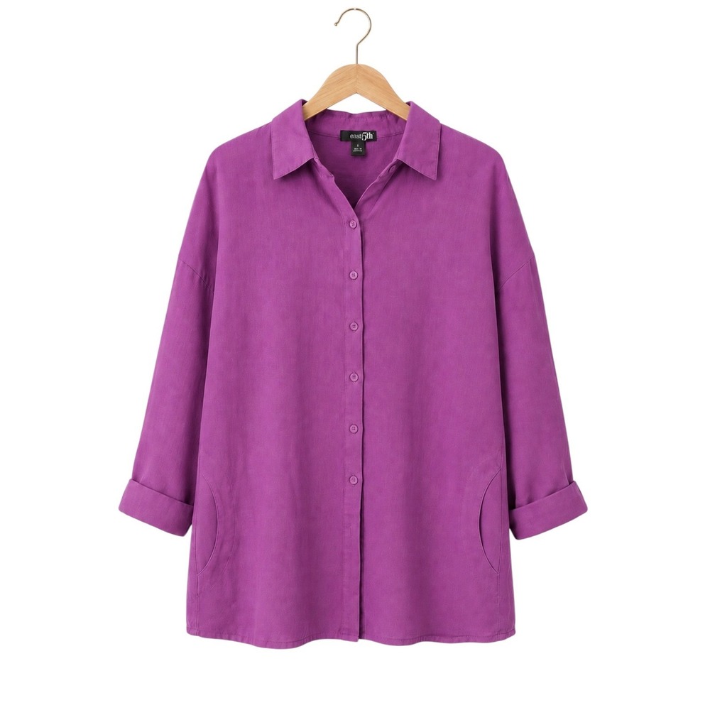 Magenta Purple Linen Blend Button Down Shirt Coastal Minimalist Oversized Small